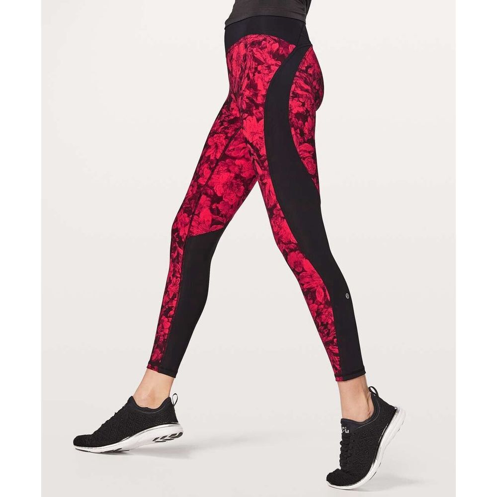 LULULEMON Train Times‎ 7/8 Pant Blocked 25" Red Black Floral SARB/BLK Sz 6